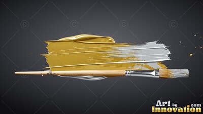 On a dark gray backdrop, a paintbrush rests across gold and silver sweeps of paint