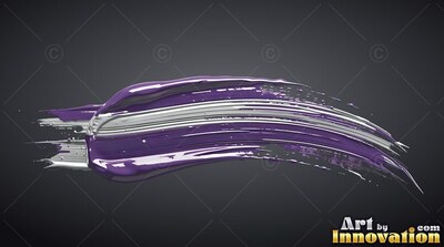 On a deep gray background, a curved brushstroke of violet and silver paint arches across