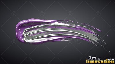 Sweeping over dark gray, a thick violet coat of paint stroke holds glossy silver ribbons