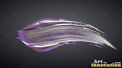 Ridges of glossy silver chrome sit inside a violet paint stroke on dark gray