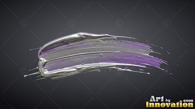 A thick brushstroke sweeps across a dark background with shiny silver paint over violet