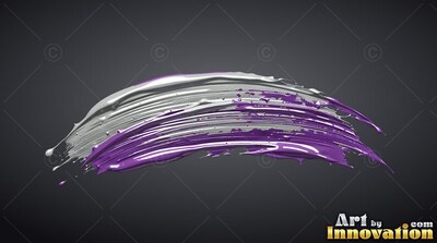 Curving upward on gray, a thick brushstroke of silver and purple paint runs across