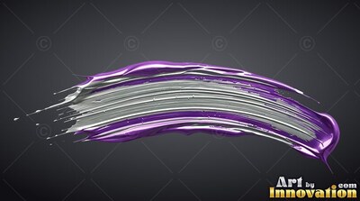 A thick curved brushstroke of silver and violet coat of paint on a dark background
