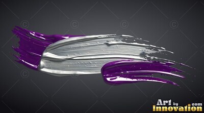 Against a dark gray backdrop, thick strokes of glossy silver and brush of violet paint