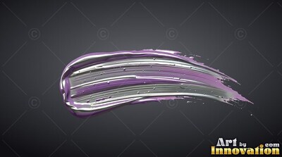 Curved stroke of violet and glossy silver paint on dark gray