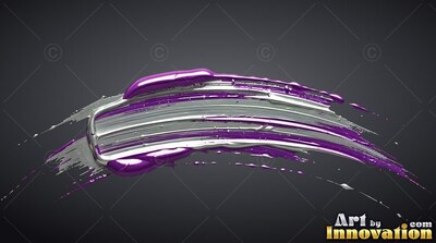 A thick strip of glossy silver paint curves inside purple brushstrokes on dark gray