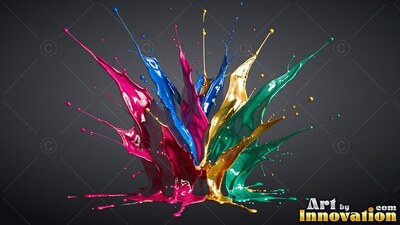 Colorful paint splashes upward, with shiny gold streams catching the light against a dark background