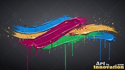 Sweeping diagonally past dark gray, thick paint strokes drip in pink and blue