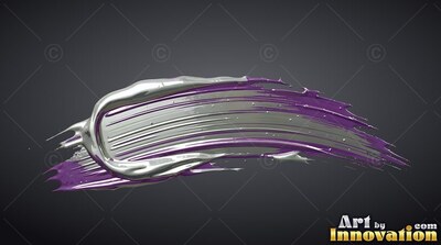 Against a dark gray backdrop, a thick stroke of silver and violet paint sweeps right