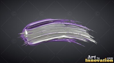 Sweeping horizontally, thick silver and violet-toned paint glides across dark gray