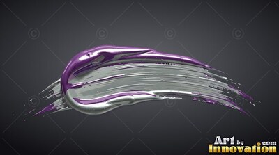 Thick silver and purple paint strokes sweep across a smooth dark gray backdrop