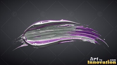 A thick paint stroke curves across the dark background with bright violet edges