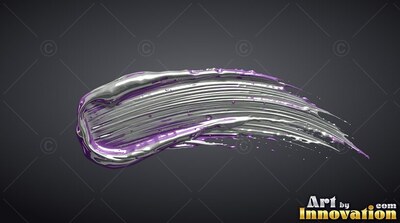Curving horizontally across a dark background, a thick stroke of silver and brush of violet paint