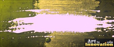 On a textured olive surface, a broad stroke of pale pink paint spreads horizontally