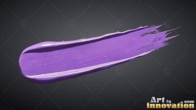 A thick glossy violet acrylic paint stroke with ridged brush marks rests on smooth black