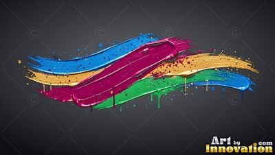 Glossy magenta brushstrokes cross blue, gold, and green paint on a dark gray wall