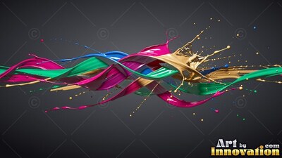 Glossy ribbons of paint twist together with bright drops splashing over dark gray