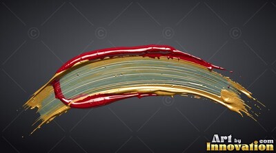 On a dark gray background, a curved sweep of thick red and metallic gold paint curves upward