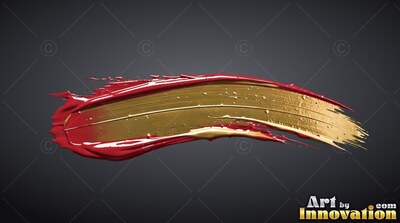 Sweeping through dark gray, a thick stroke of red paint is layered with gold