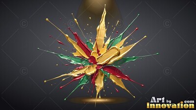 Thick gold, red and green paint bursts out on dark gray