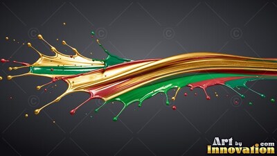 A glossy gold streak sweeps horizontally beside green and red liquid splashes on dark gray