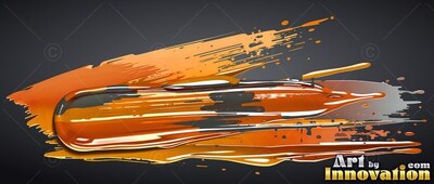 Thick orange paint smears across dark gray with glossy white highlights