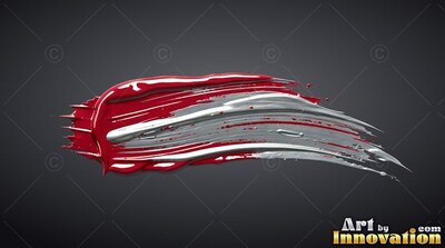 Curving horizontally on dark gray, wide red and silver paint streaks
