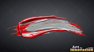 A thick streak of red and gray paint curves across a dark gray backdrop