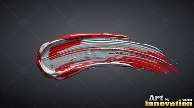 On a charcoal gray background, a thick stroke of red and silver paint curves sideways