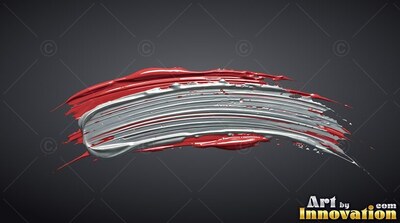 Curving across a deep gray field, a thick stroke of silver paint is layered over red