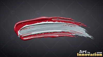 A thick stroke of red and white paint across gray