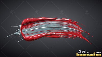 Heavy red edges frame a curved sweep of gray paint against a shadowed background
