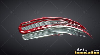 Heavy red and silver paint arcs sideways, catching bright light along the glossy ridges