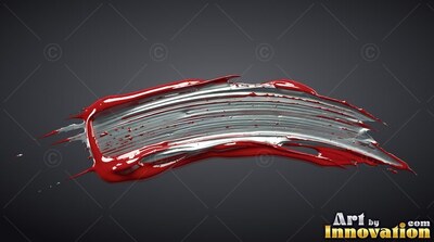 Curved horizontally across a deep gray space, a silver paint stroke with dense red edges