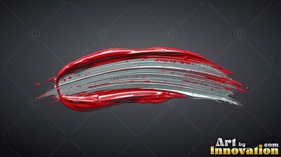 Against a charcoal gray background, a thick stroke of red and silver paint sweeps horizontally
