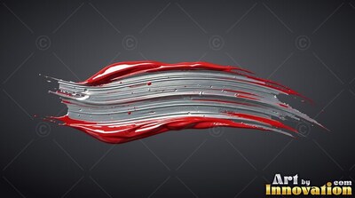 Sweeping across a dark backdrop, a thick brushstroke of silver and red paint