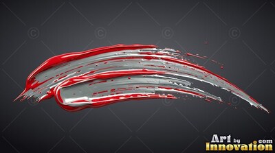 Thick red and silver paint forms a sweeping brush stroke on a dark gray space