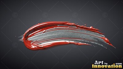 A dense red paint stroke curves over a gray smear with glossy white highlights