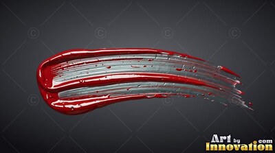Curving horizontally across a deep gray backdrop, a thick scarlet paint stroke sweeps by