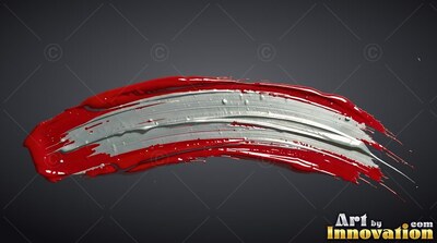 A thick stroke of red and white paint smears across a dark background