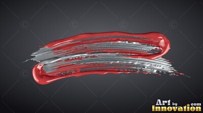 Against a dark background, a thick brush stroke of red and silver paint sweeps across