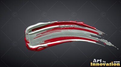 Sweeping through dark gray backdrop, a thick stroke of red and white paint
