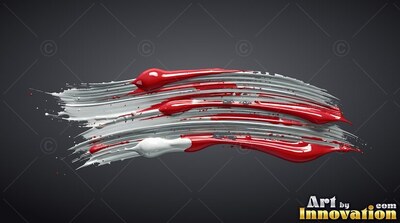 Red and white paint brushed across a deep gray background