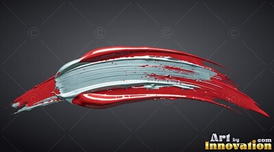 Thick ridges of silver layered over bright red wet paint on a smooth black background