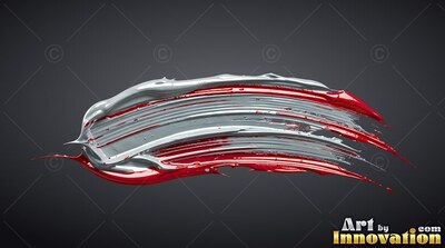 Thick red and silver paint arcs horizontally across deep gray backdrop with bright glossy highlights