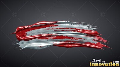 Stretching horizontally on a dark gray backdrop, heavy red and white paint strokes