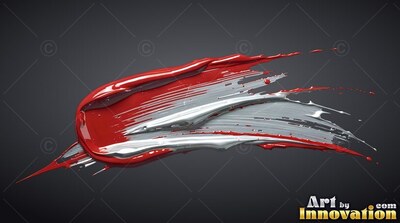 Thick red and silver paint smears over a dark gray background