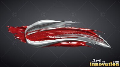 Against a dark gray background, broad red and white paint smears across horizontally