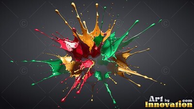 Splashing outward, red, green, and yellow paint bursts across dark gray space