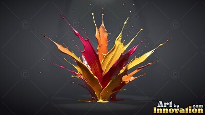 Yellow, orange, and crimson paint splashing upward on a gray floor